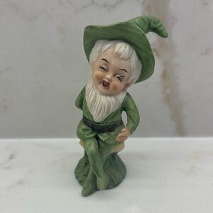 Vintage Bisque Green Leprechaun Pixie Sitting on Toadstool St. Patrick’s Day